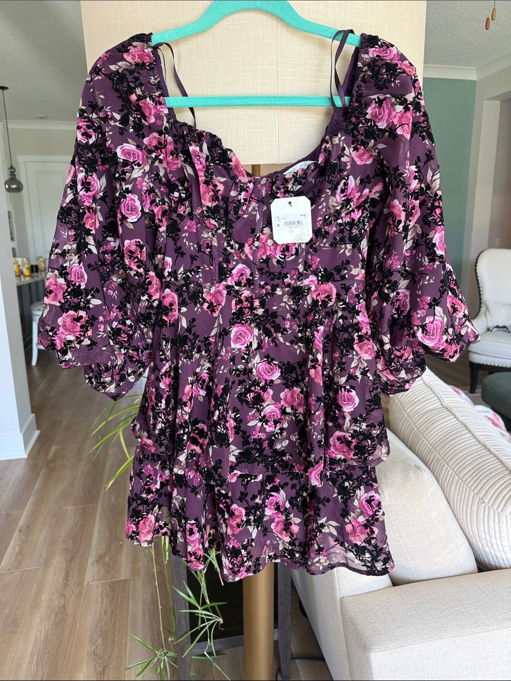 Altar'd State Purple Floral Tiered with Pink Roses Tahlia wine dress